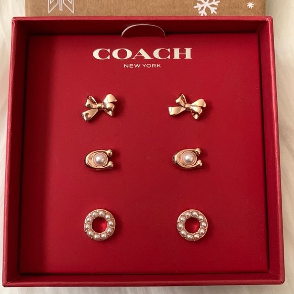 COACH Pearl Bow Stud Earrings Set in Rose Gold - Picture 2 of 3